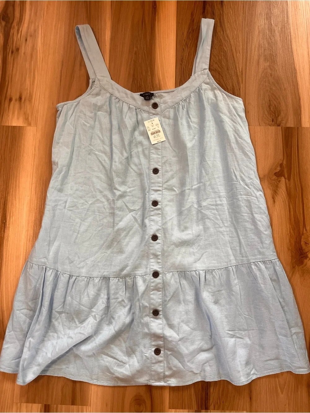 $98 NEW J Crew 12 Linen Blend Button Front Mini Dress Sky Blue Tiered Coquette
